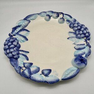 Vintage Platter Blue and White Ceramic Fruit Motif Unbranded, 14.5 Inch Diameter